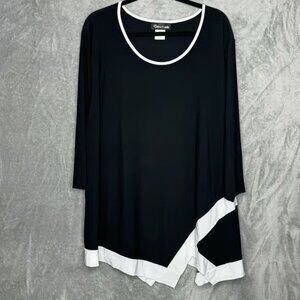 Creation 3X Shirt Top Black Solid 3/4 Sleeve Scoop Neck Asymmetrical Hem Stretch